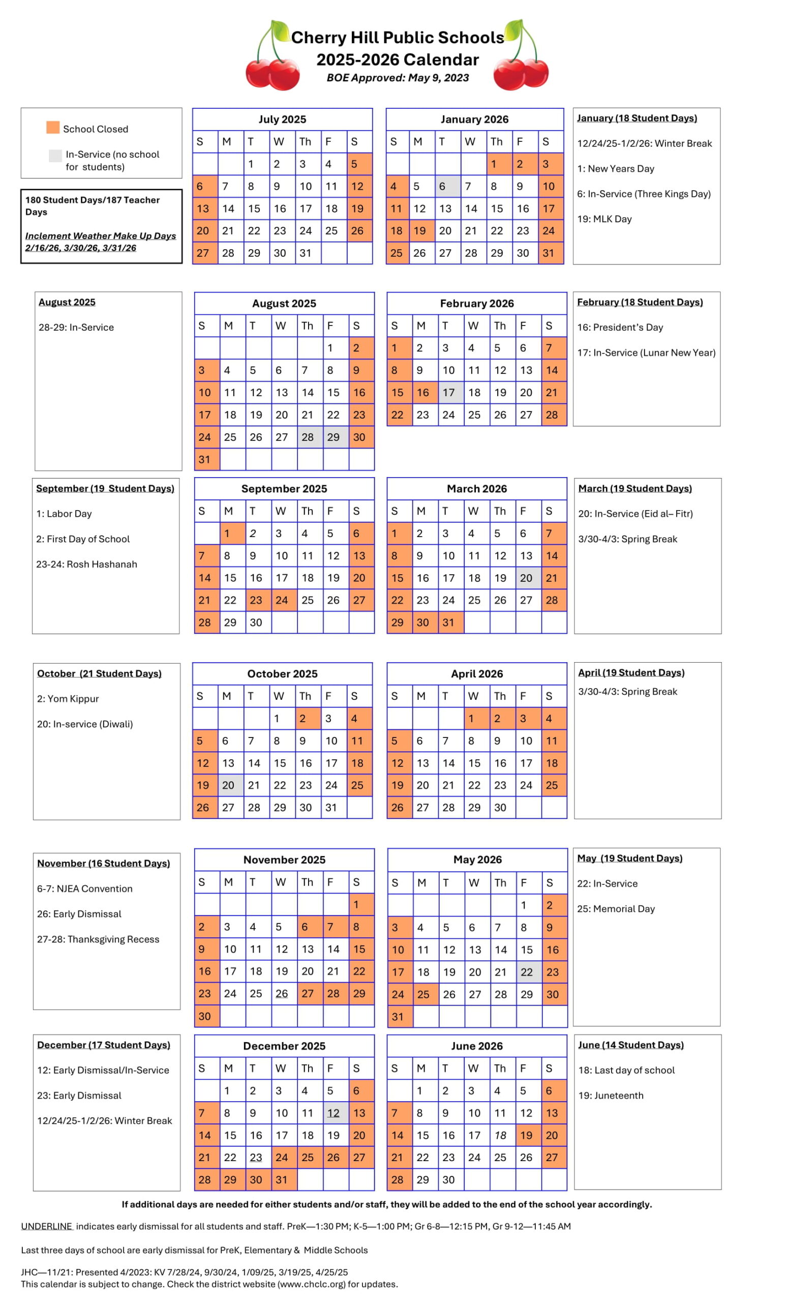 Cherry Hill Public Schools District calendar 2526 Revised [PDF