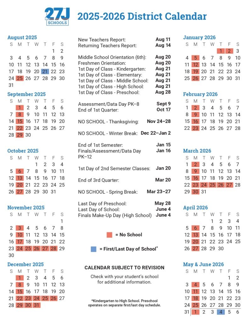 27 J School District Calendar