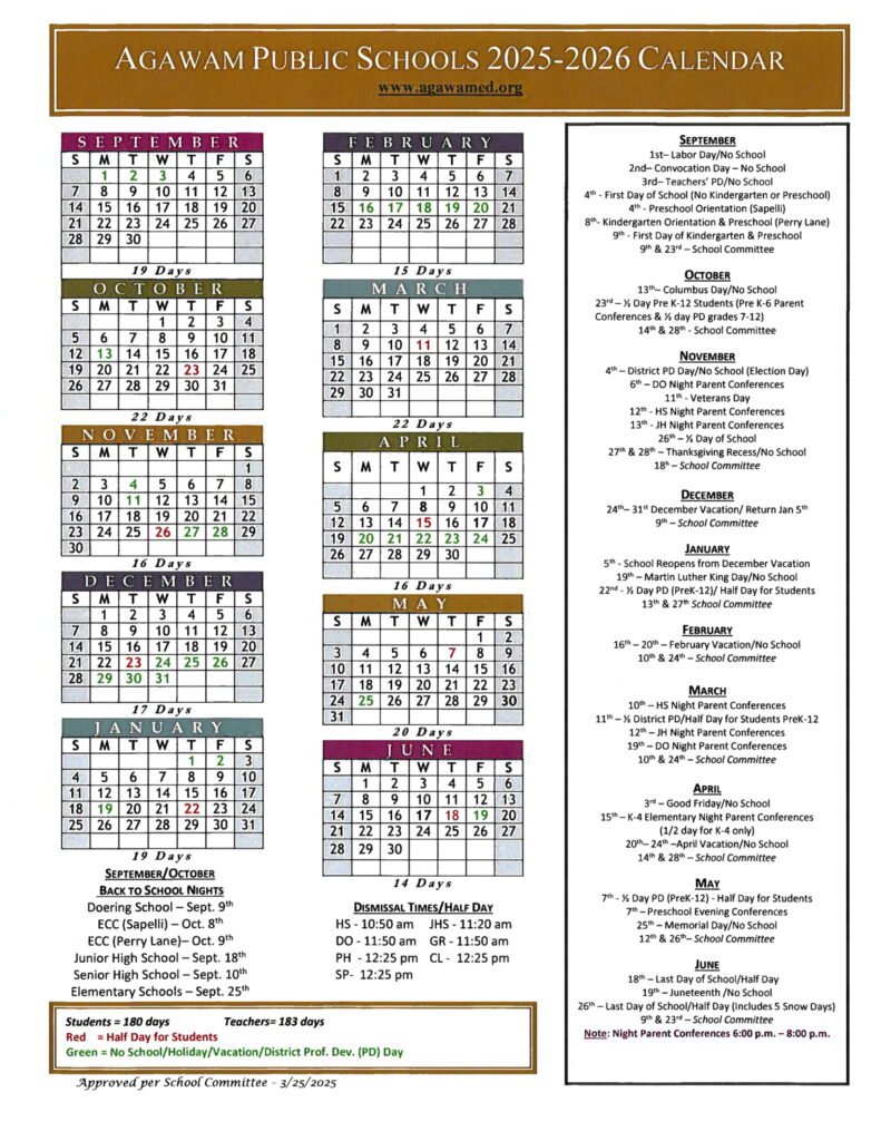 AGAWAM PUBLIC SCHOOLS calendar