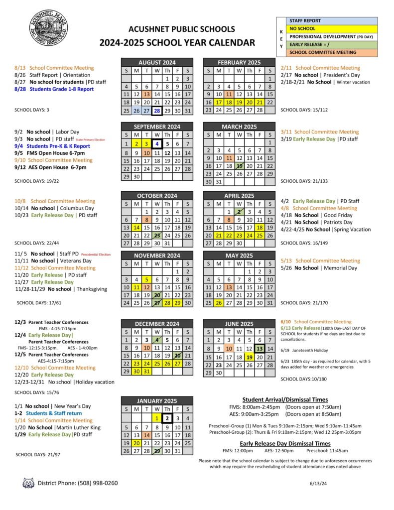 Acushnet Public SchoolS Calendar