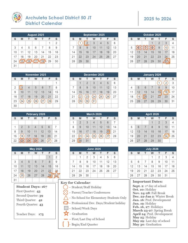 Archuleta School District 50 JT 25-26 calendar
