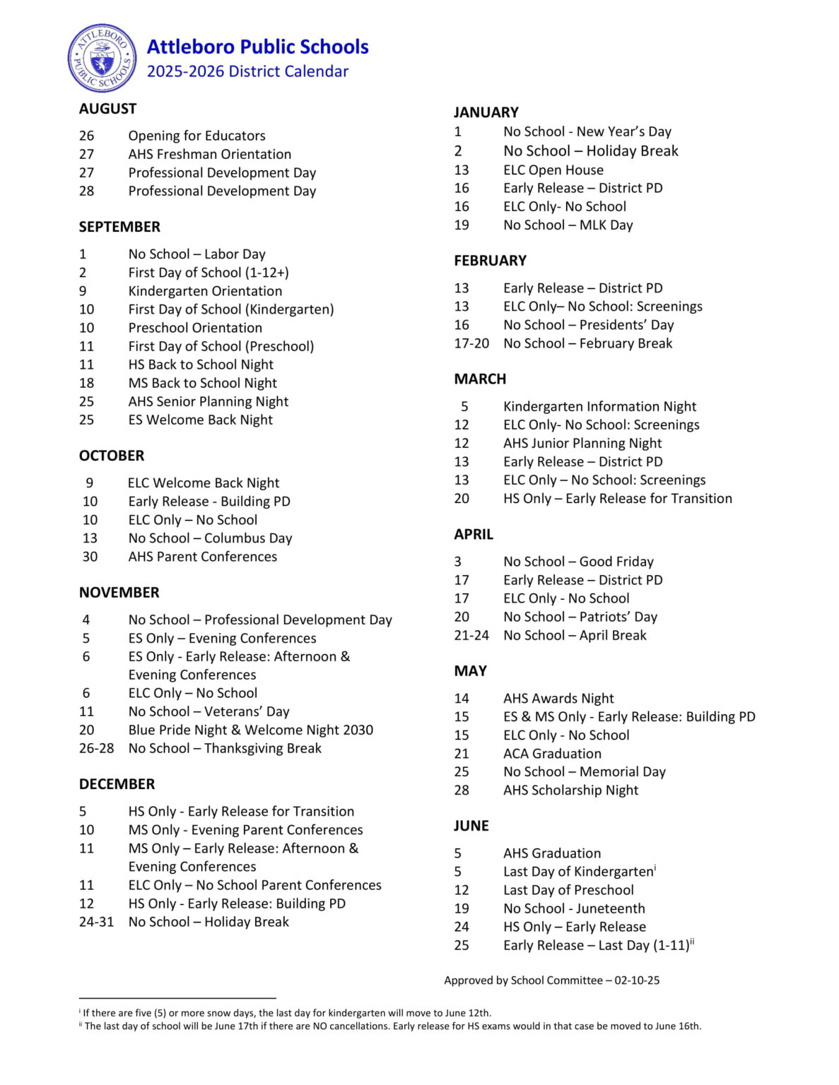 Attleboro Public Schools Calendar 2526 Revised [PDF] EduCounty