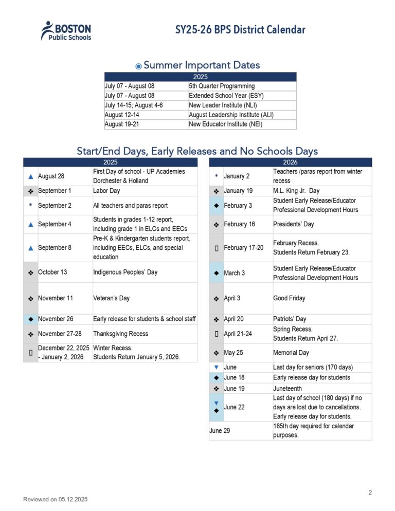 Boston Public Schools Calendar 2526 Revised [PDF] EduCounty