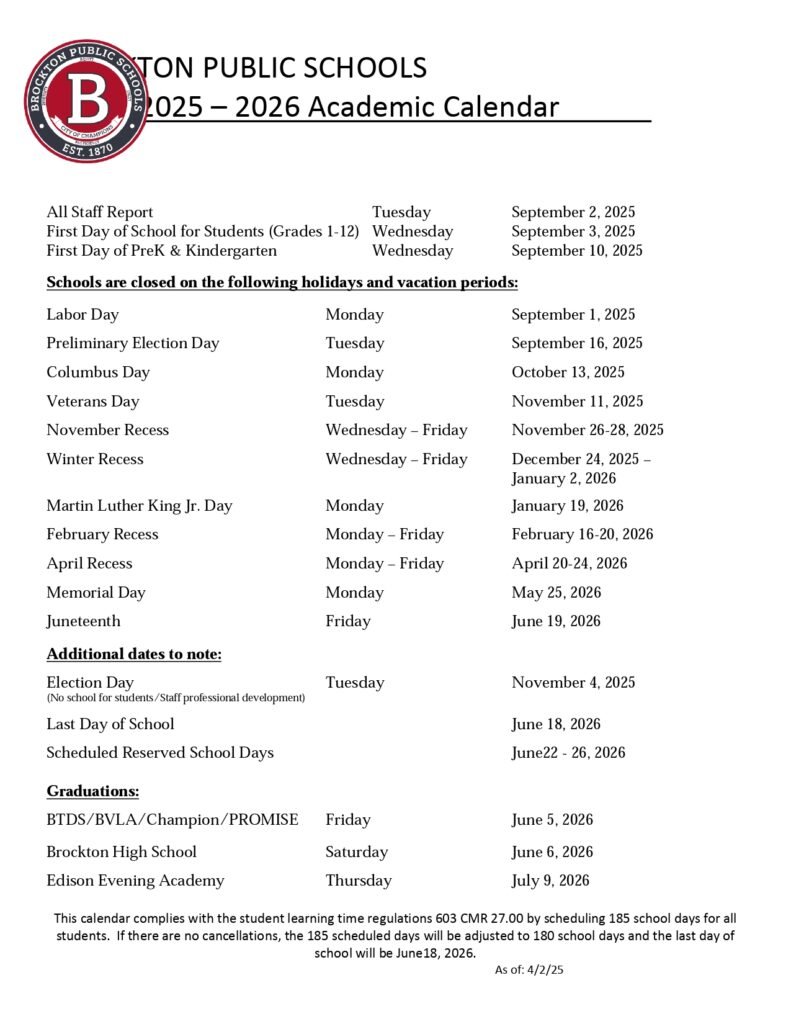 Brockton Public Schools Calendar
