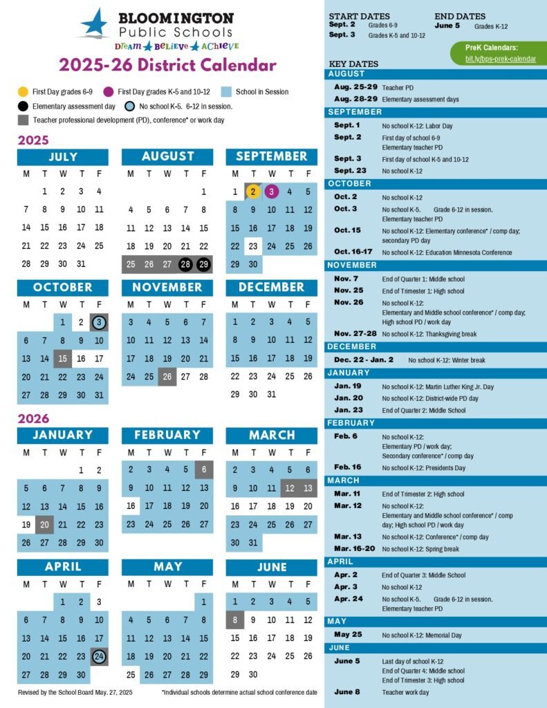 Bloomington Public Schools, 25-26 calendar
