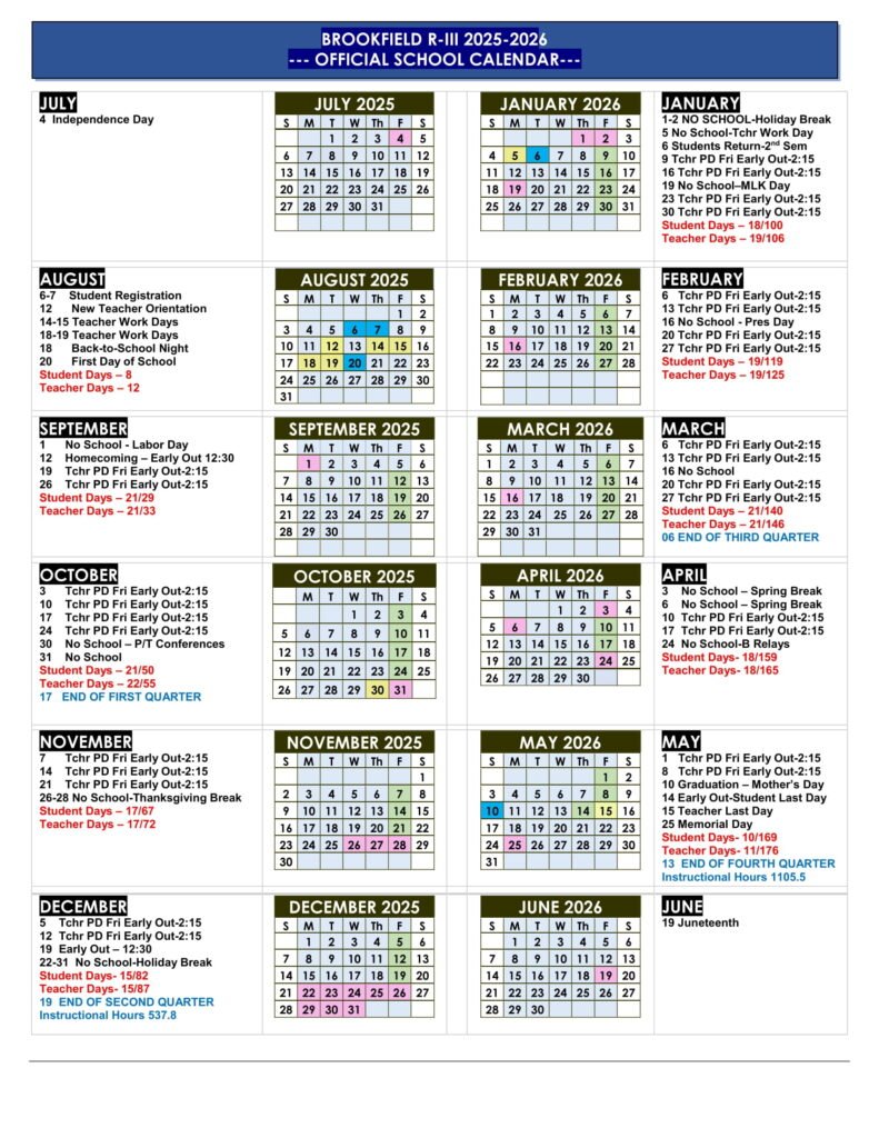 Brookfield R-III School District calendar