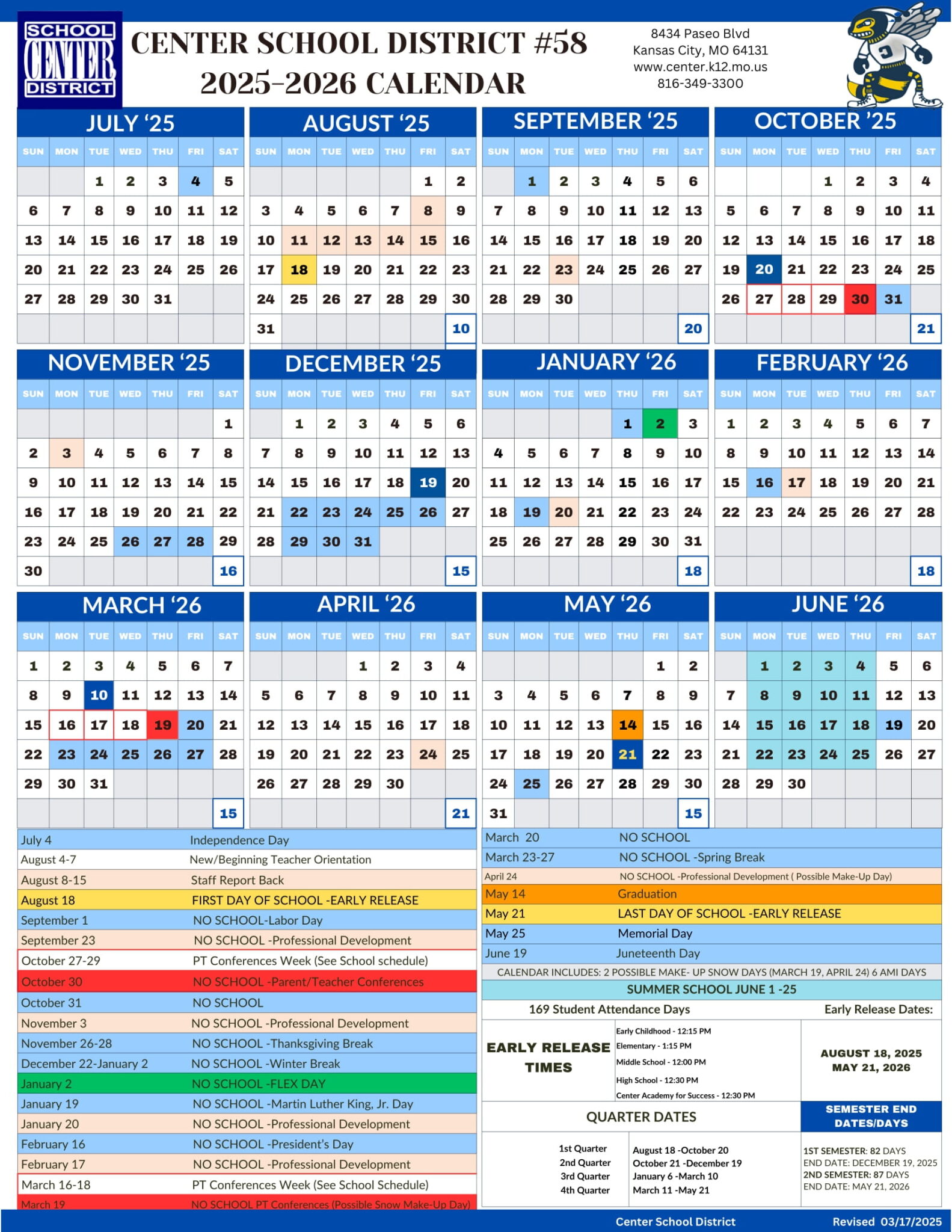 Center School District Calendar 25 26 Revised PDF EduCounty
