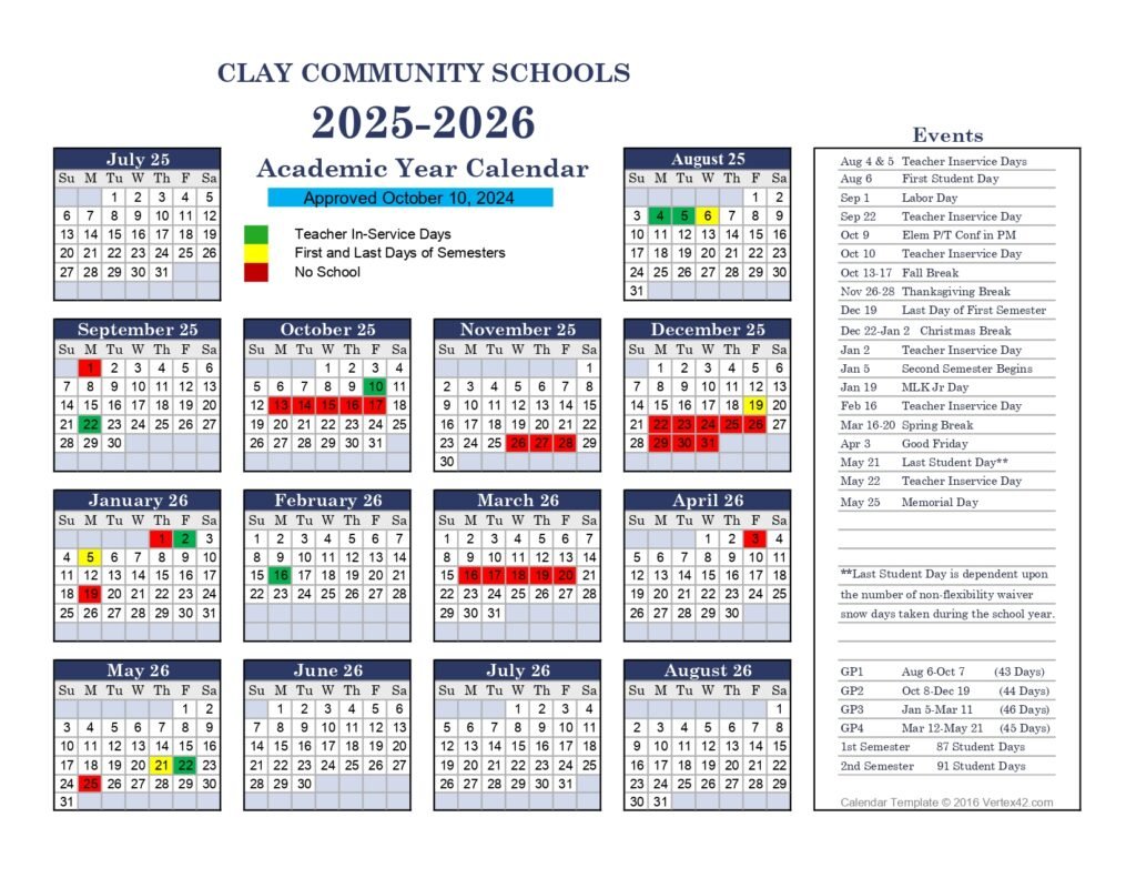 CLAY COMMUNITY SCHOOLS CALENDAR