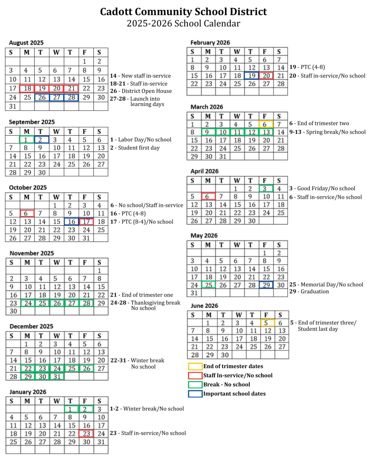 School District of Cadott Community wi 2526 Calendar Revised [pdf
