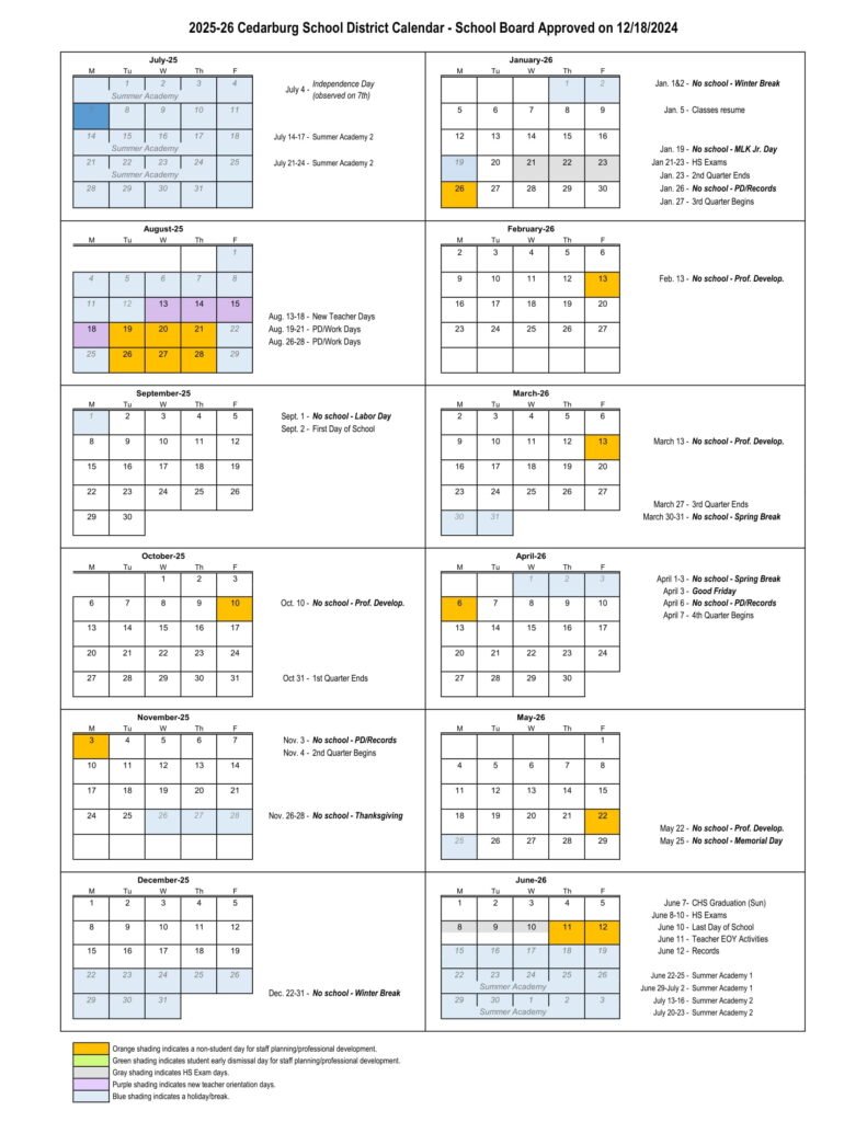 cedarburg school district calendar
