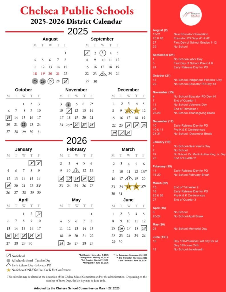 Chelsea Public Schools MA Calendar