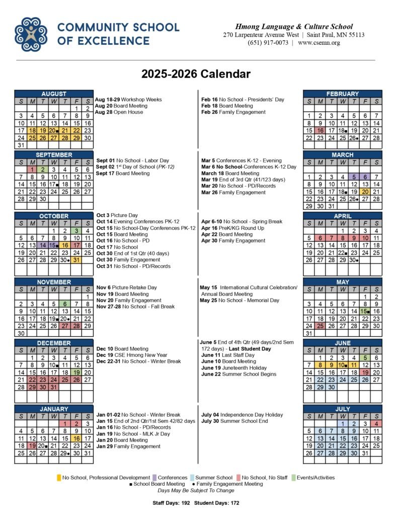Community School of Excellence calendar