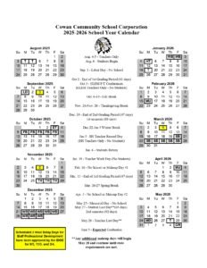 COWAN COMMUNITY SCHOOLS CALENDAR