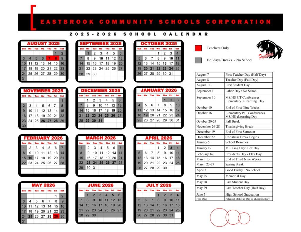 EASTBROOK COMMUNITY SCHOOLS CORPORATION CALENDAR