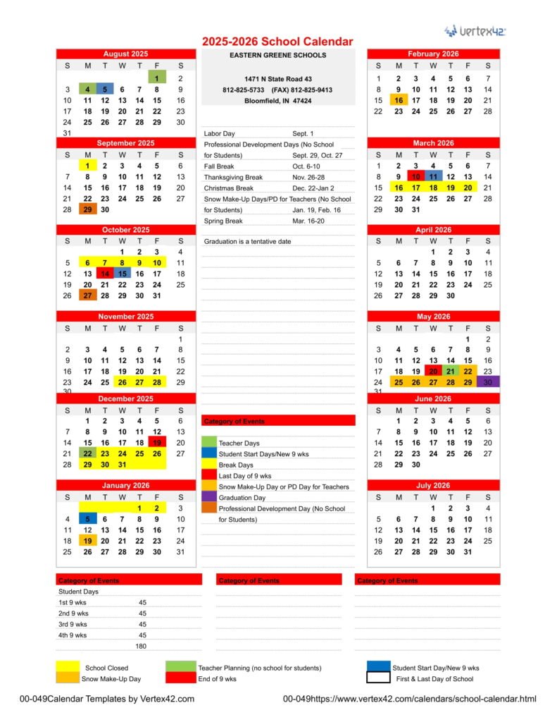 Eastern Greene Schools calendar