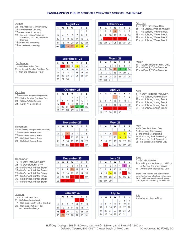 Easthampton Public Schools Calendar
