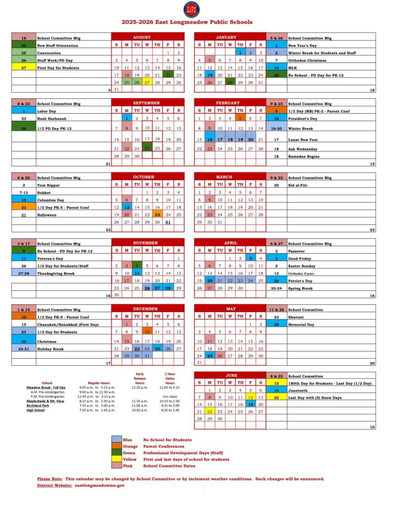 East Longmeadow Public Schools calendar