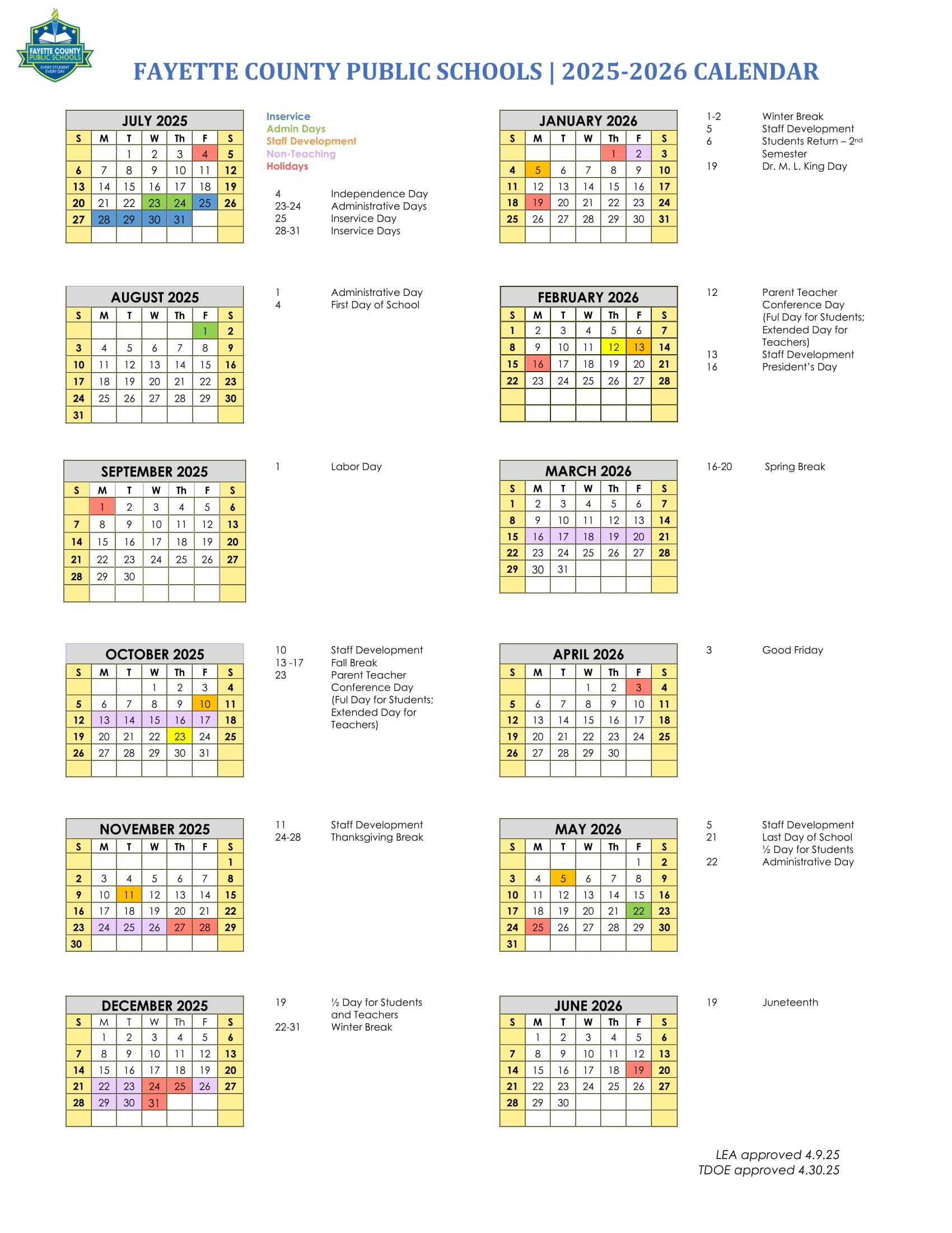 Fayette County Public Schools Calendar 2526 Revised [PDF] EduCounty