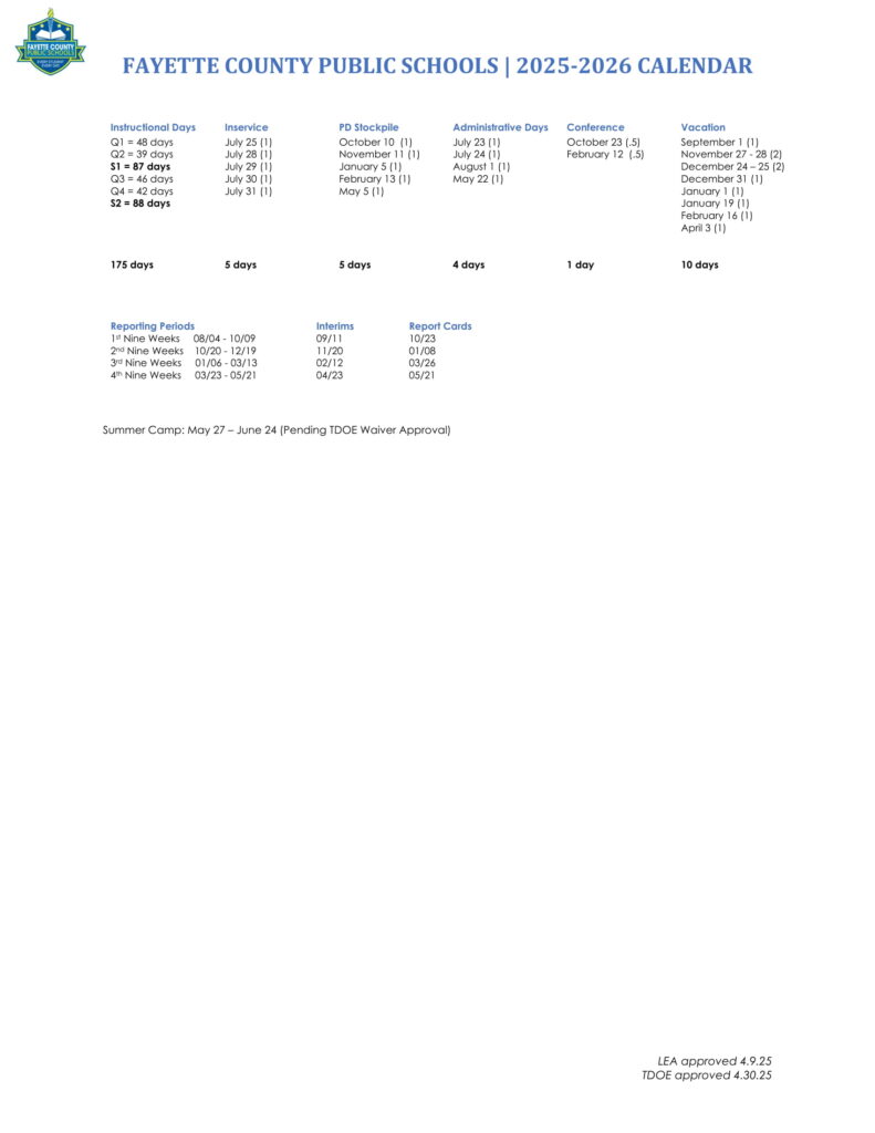 Fayette County Public Schools Calendar 2526 Revised [PDF] EduCounty