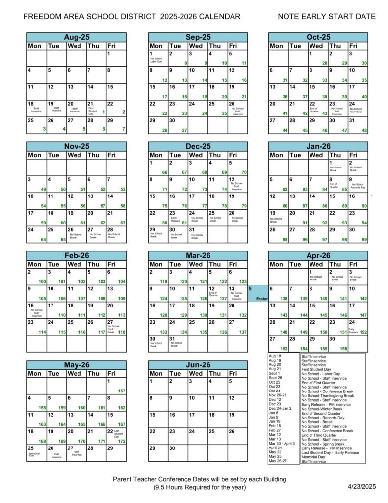 freedom area school district calendar