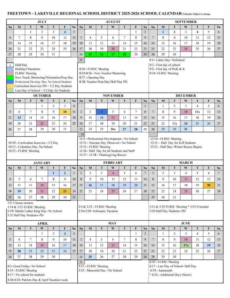 Freetown Lakeville Regional School District CALENDAR