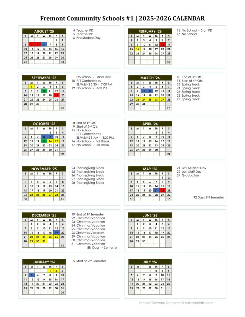 Fremont Community Schools #1 CALENDAR