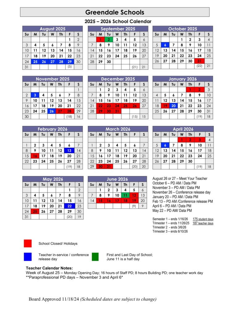 GREENDALE SCHOOLS CALENDAR