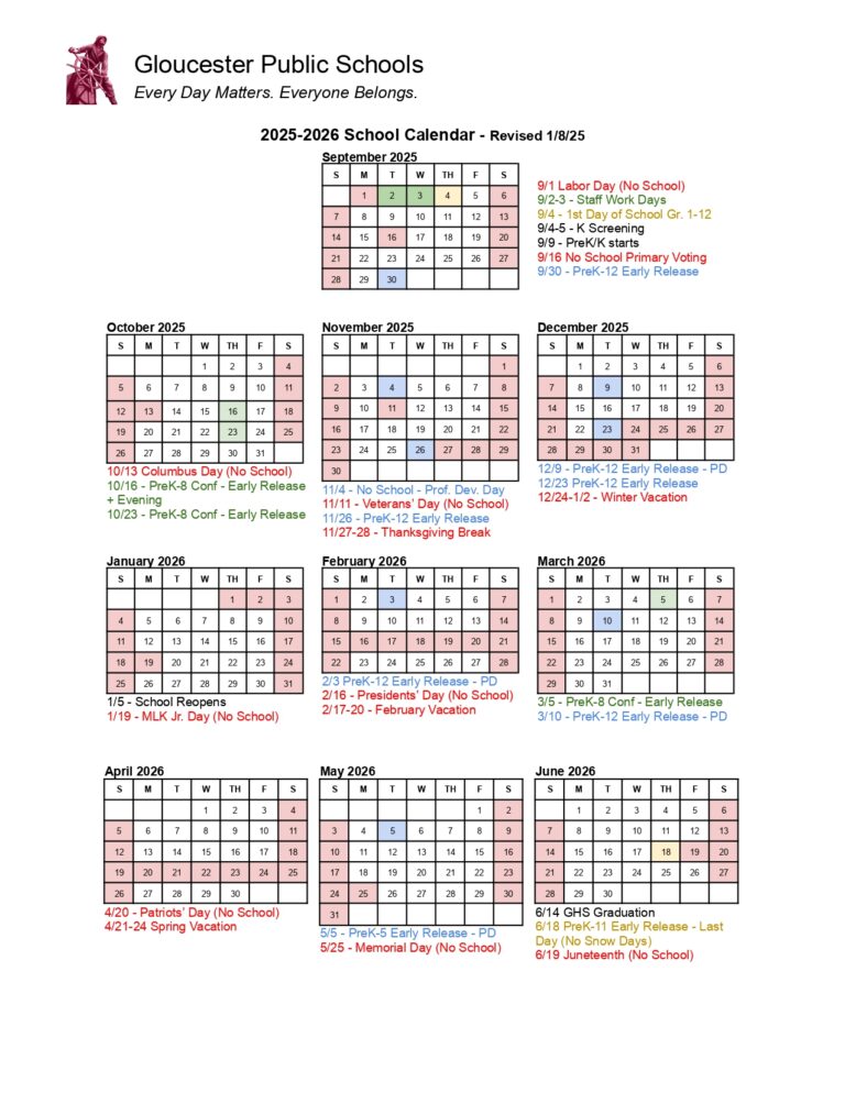 Gloucester Public Schools Calendar 25 26 revised PDF EduCounty