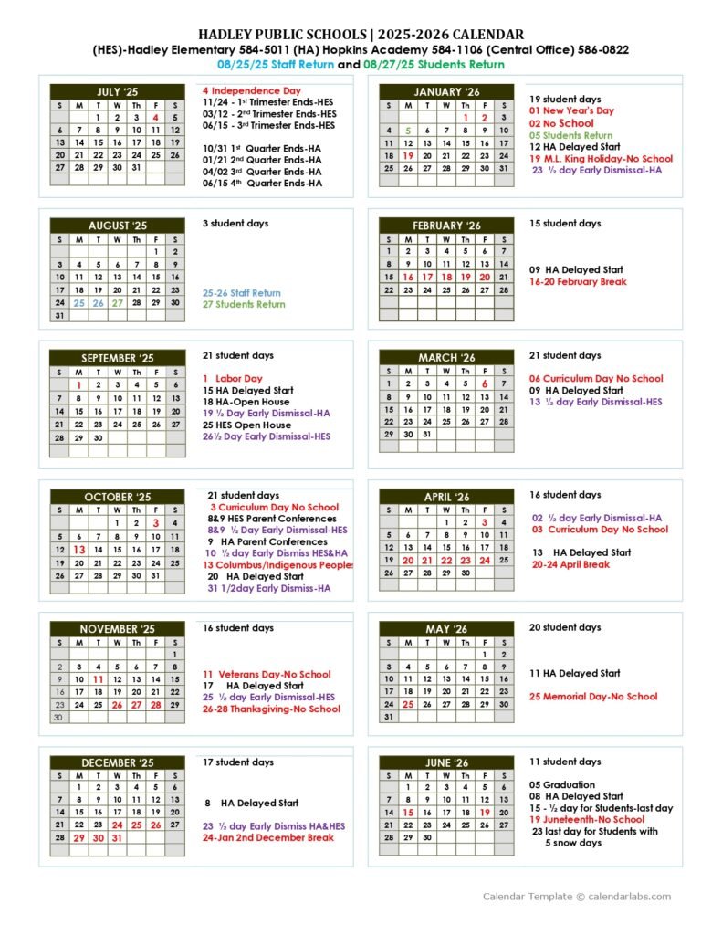 Hadley Public schools CALENDAR