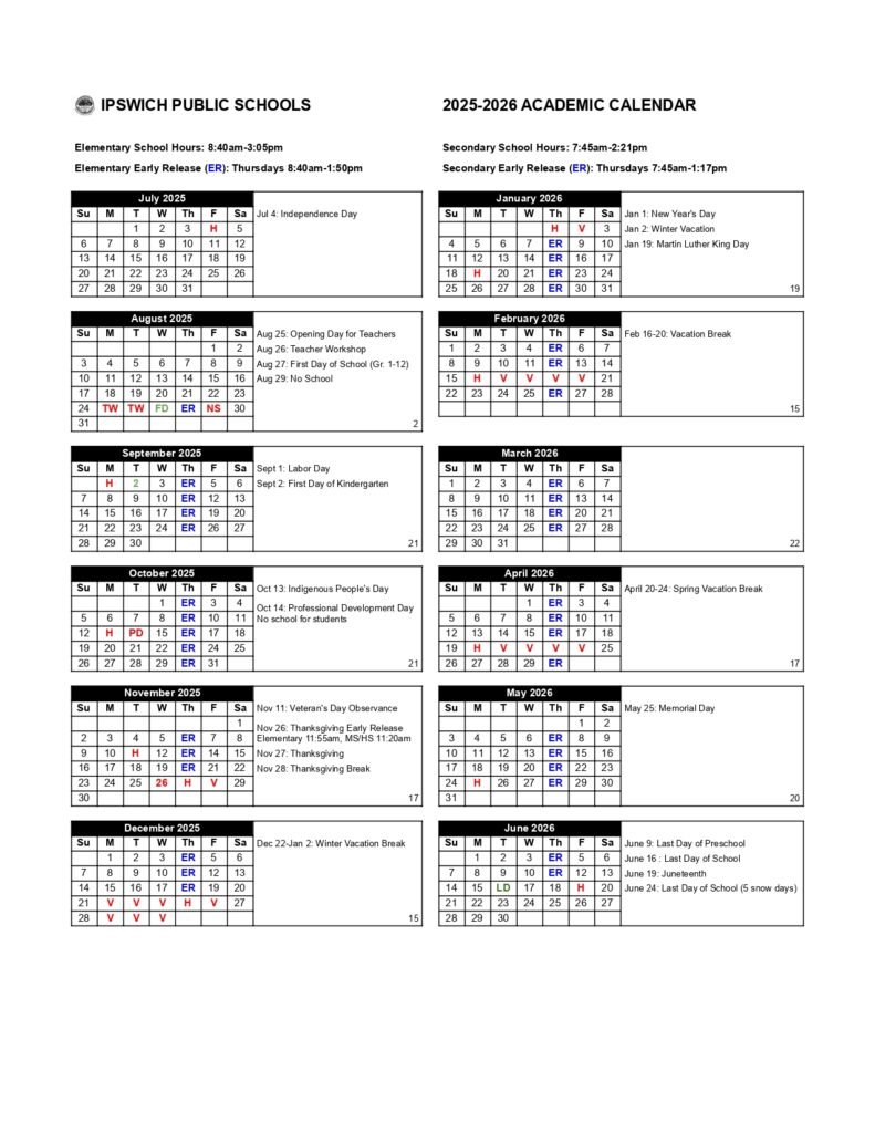 Ipswich Public Schools Calendar