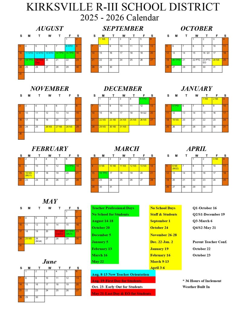 Kirksville R III School District Calendar 25 26 Revised PDF EduCounty