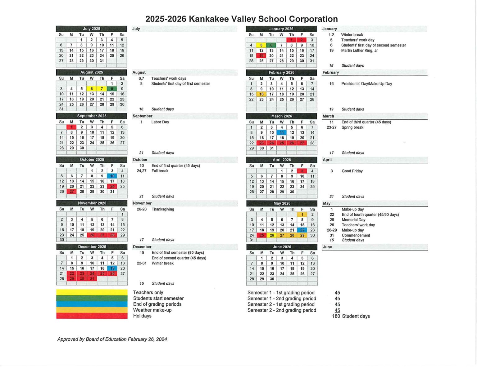 Kankakee Valley School Corporation Calendar 25-26 revised [pdf] - EduCounty