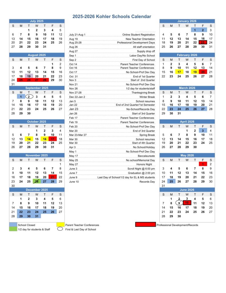 KOHLER SCHOOL DISTRICT CALENDAR