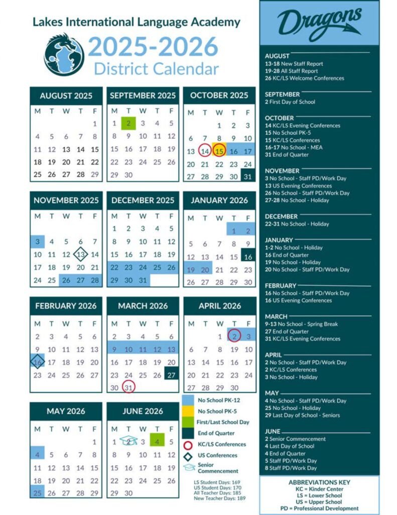 Lakes International Language Academy 25-26 calendar