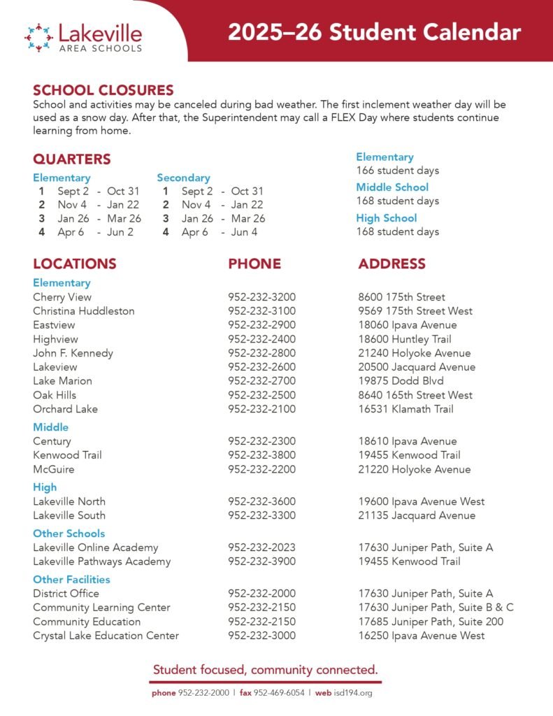 Lakeville Area Schools 25-26, calendar