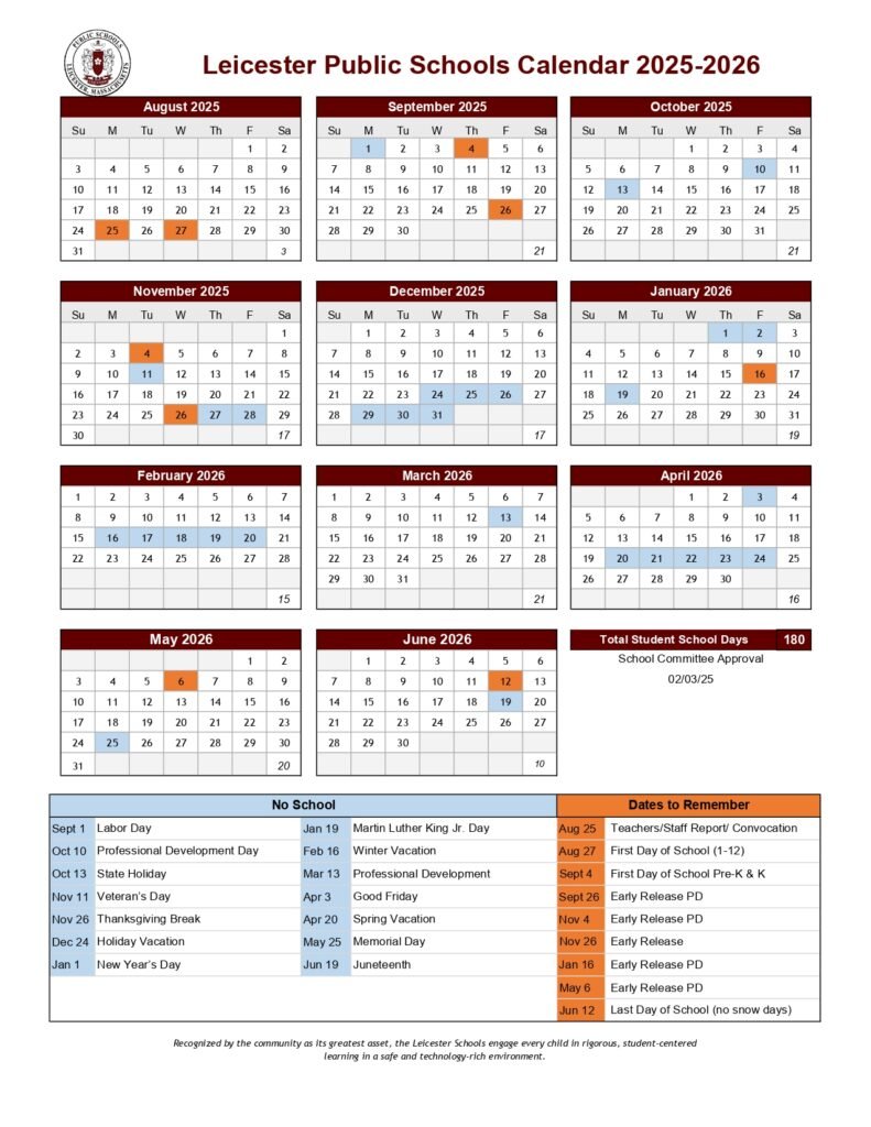 Leicester Public Schools Calendar