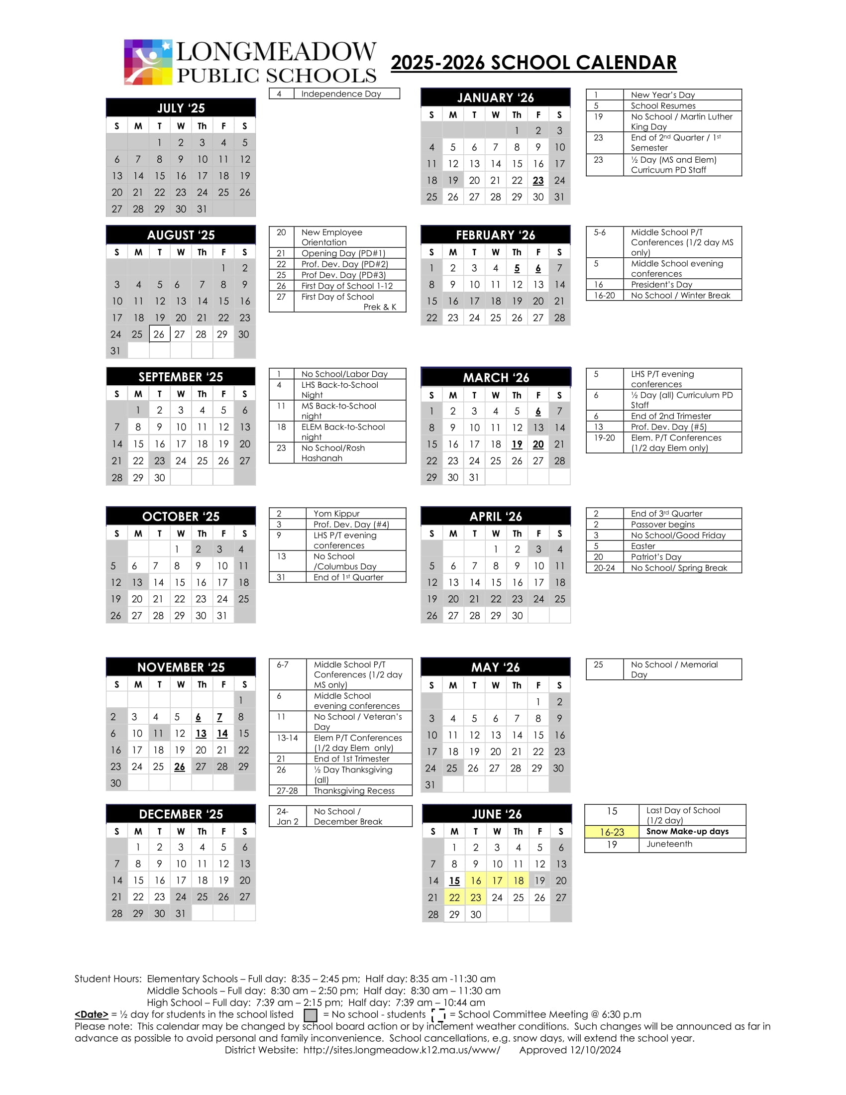 LONGMEADOW PUBLIC SCHOOLS Calendar 2526 Revised [PDF] EduCounty