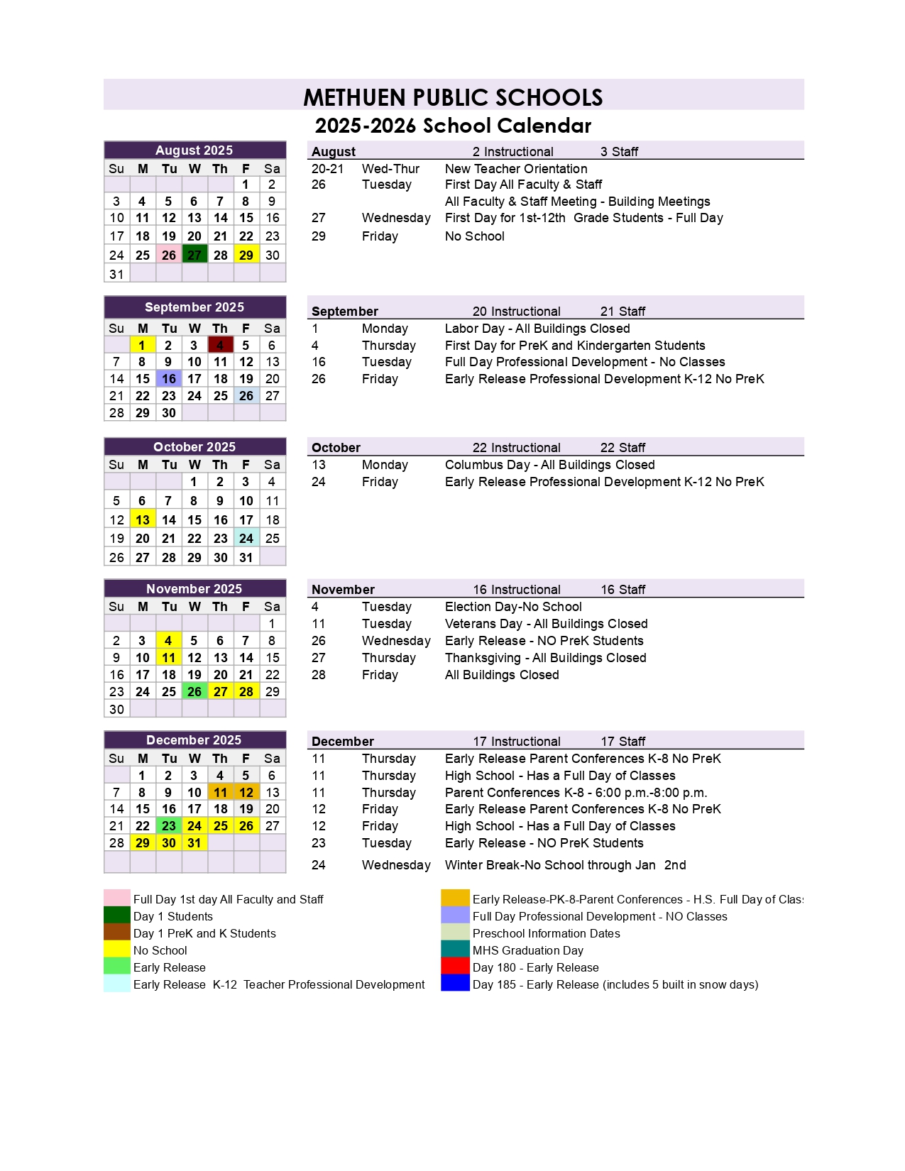 Methuen Public School District Calendar 25 26 revised PDF EduCounty