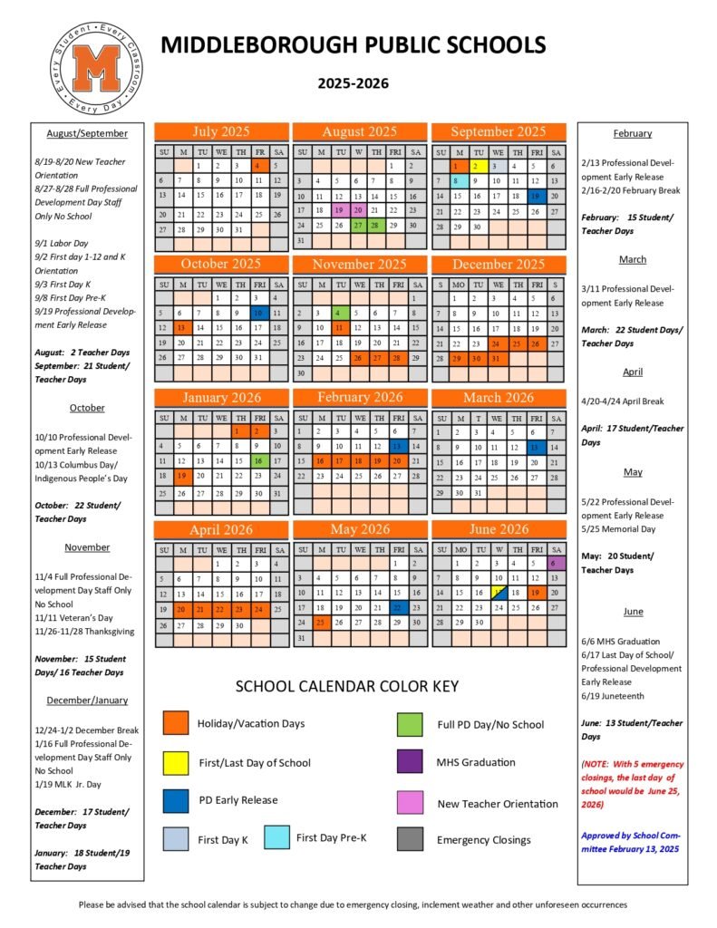Middleborough Public Schools Calendar