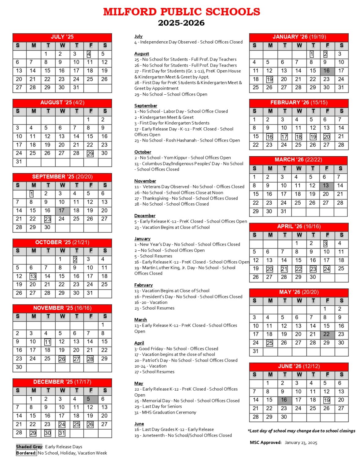 Milford Public Schools Calendar 2526 Revised [PDF] EduCounty