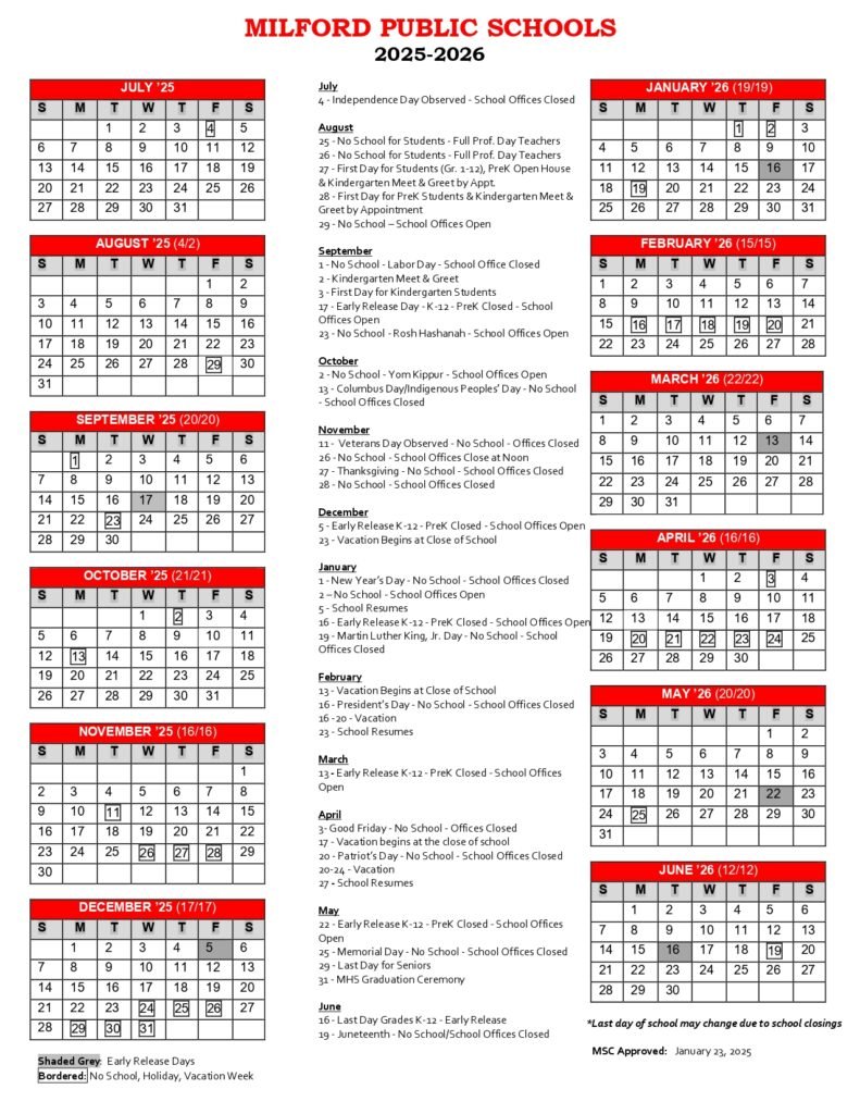 MILFORD PUBLIC SCHOOLS, CALENDAR