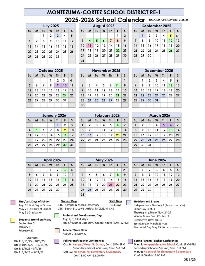 MONTEZUMA-CORTEZ School Calendar