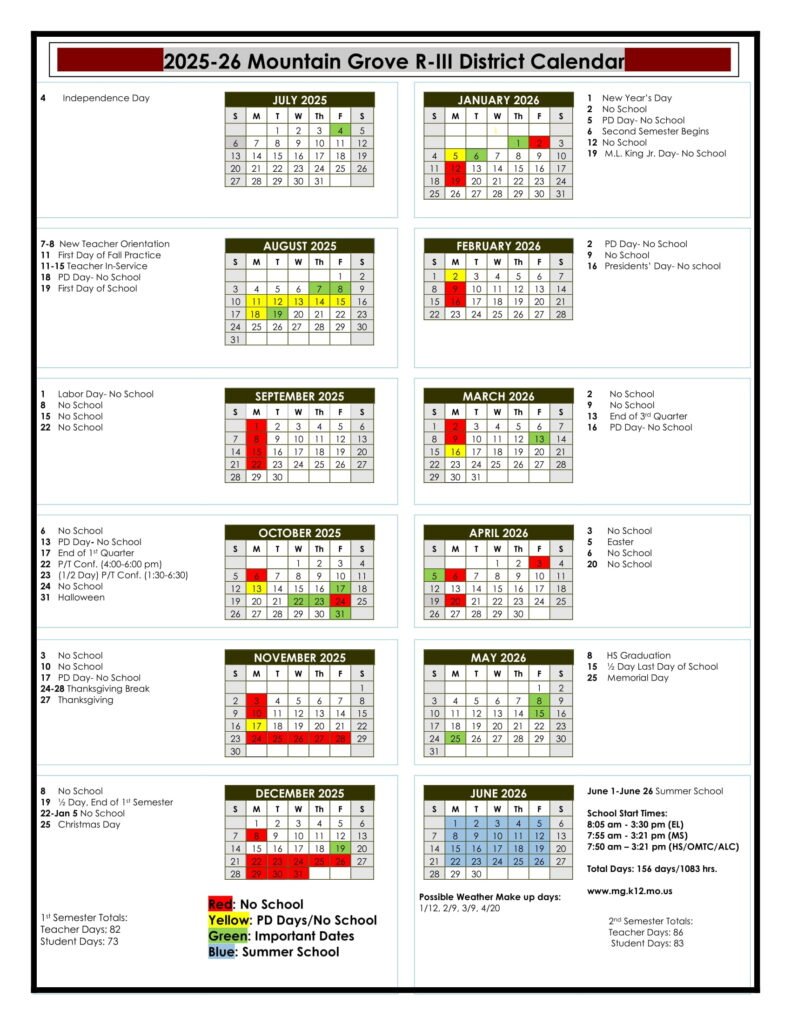 MOUNTAIN GROVE SCHOOLS CALENDAR