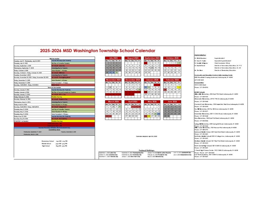 MSD Washington Township School CALENDAR