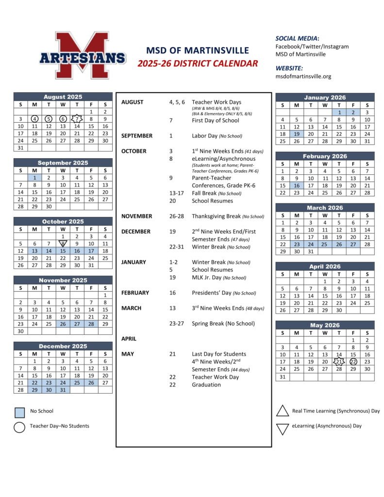 MSD of Martinsville school calendar