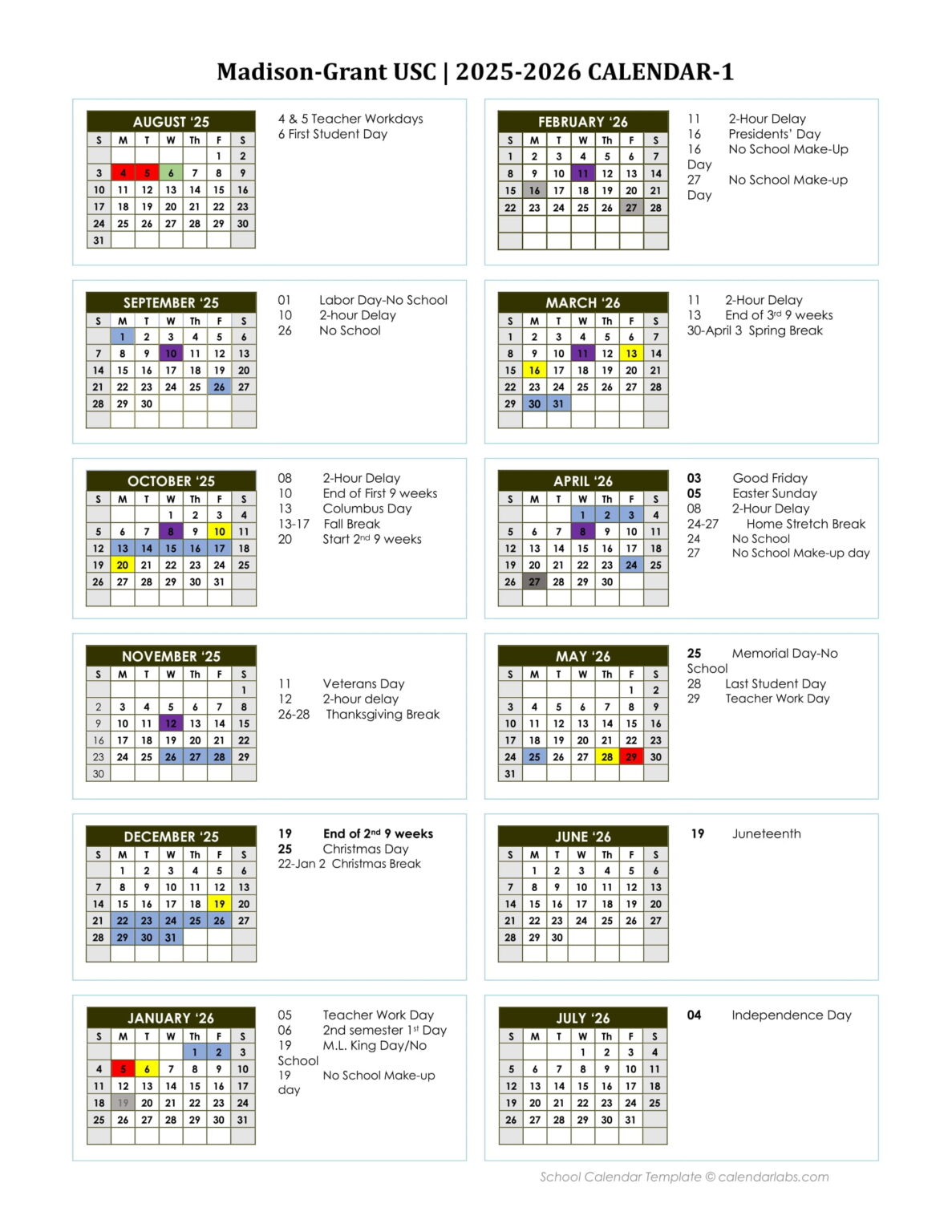Madison-Grant United School Corporation Calendar 25-26 Revised [PDF ...