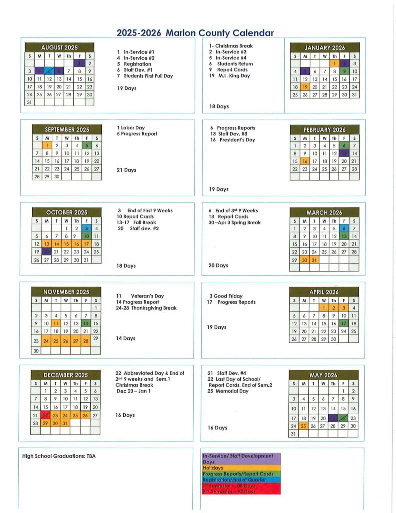 Marion County School District Calendar