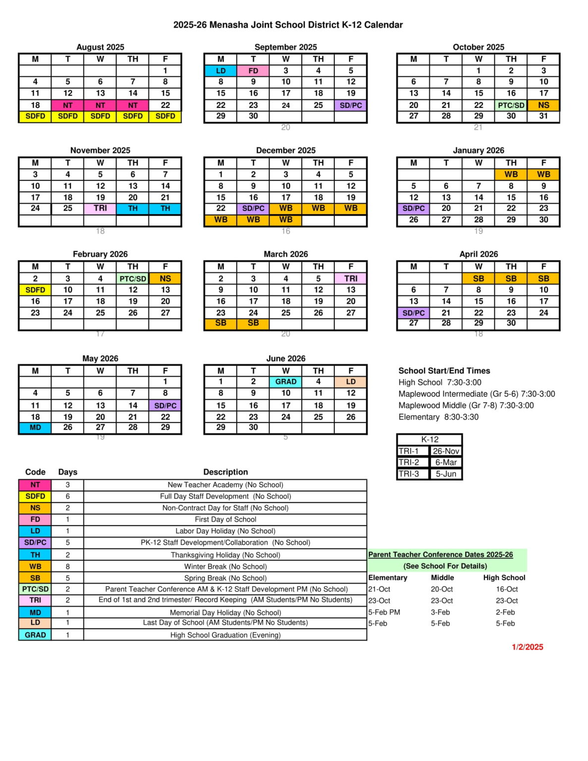 Menasha Joint School WI Calendar 2526 Revised [PDF] EduCounty