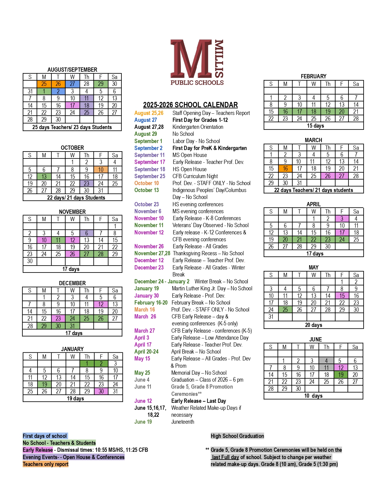 Millis Public Schools Calendar 25 26 Revised PDF EduCounty