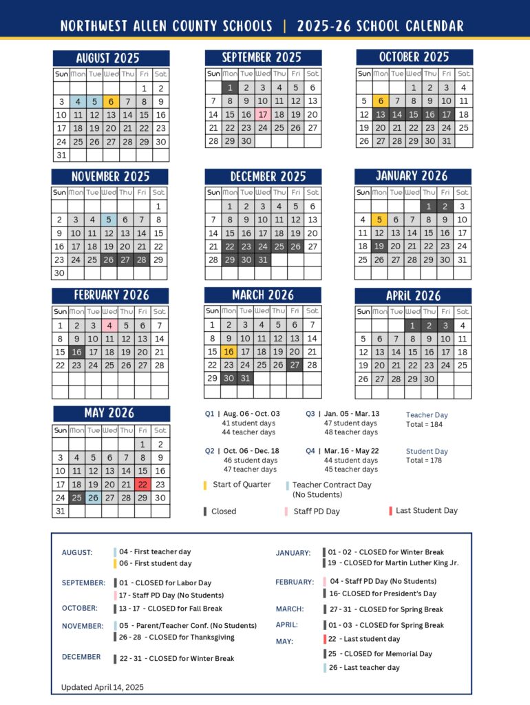 NORTHWEST ALLEN COUNTY SCHOOLS Calendar 25 26 Revised pdf EduCounty